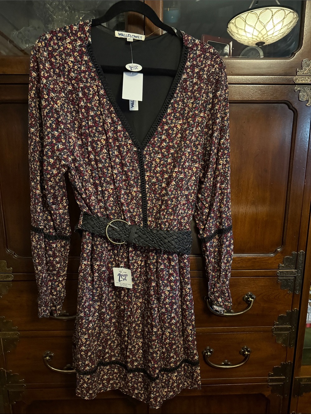 Wallflower Burgundy Floral Long-Sleeve V-Neck Dress with Braided Belt